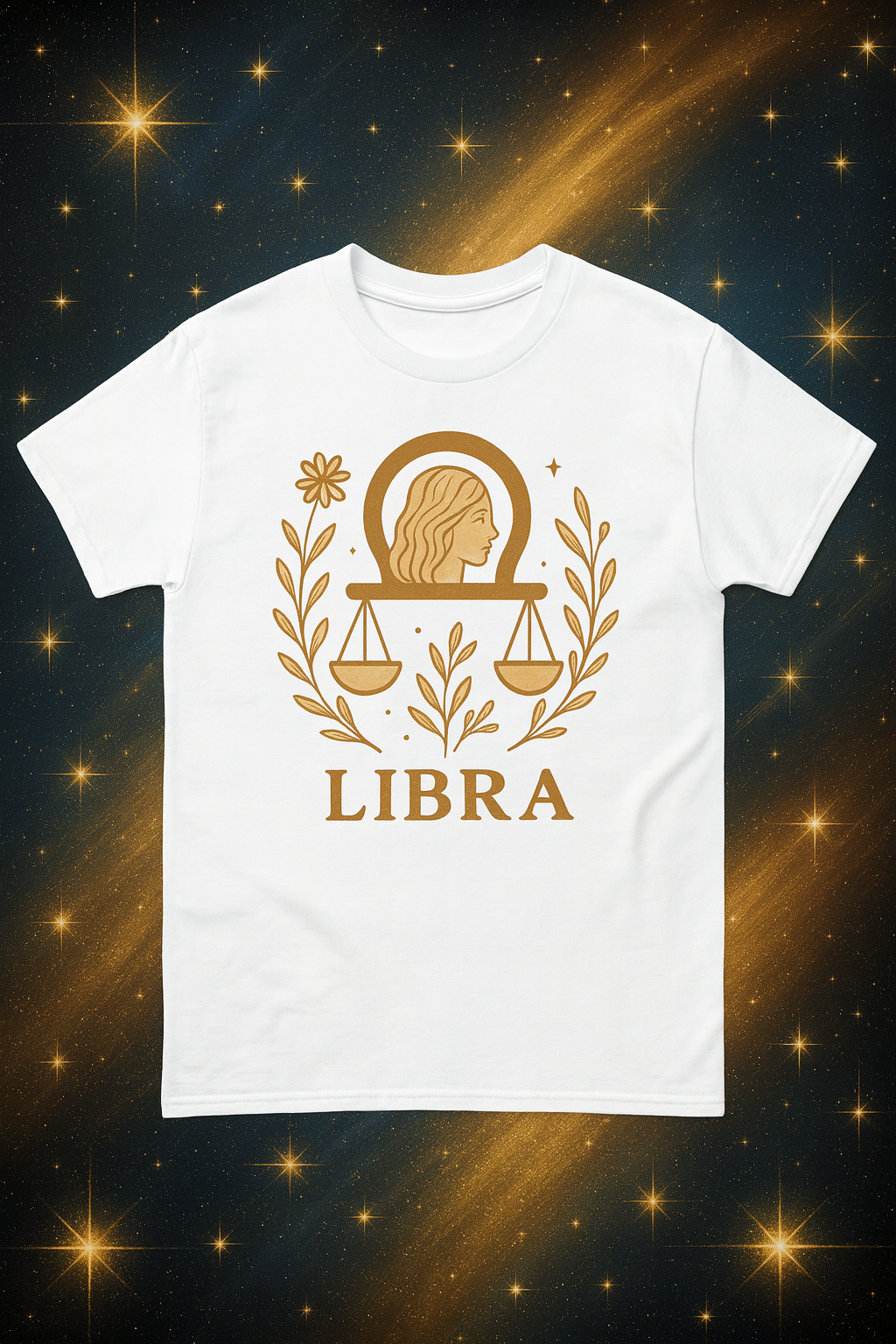 Libra Zodiac T-Shirt | Minimal Boho Astrology Tee | Soft Gold Libra Graphic on White Gildan 64000 | Celestial Birthday Gift