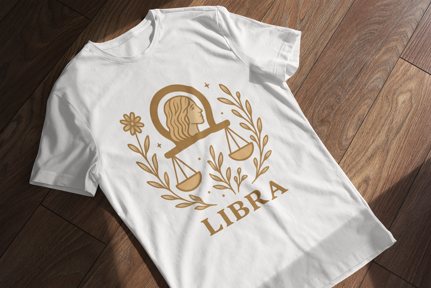 Libra Zodiac T-Shirt | Minimal Boho Astrology Tee | Soft Gold Libra Graphic on White Gildan 64000 | Celestial Birthday Gift