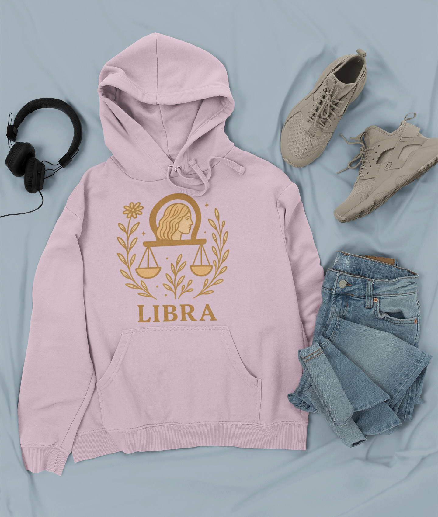 Libra Zodiac Hoodie – Soft Pink Boho Astrology Sweatshirt | Gildan 18500 | Soft Gold Libra Graphic, Celestial Birthday Gift