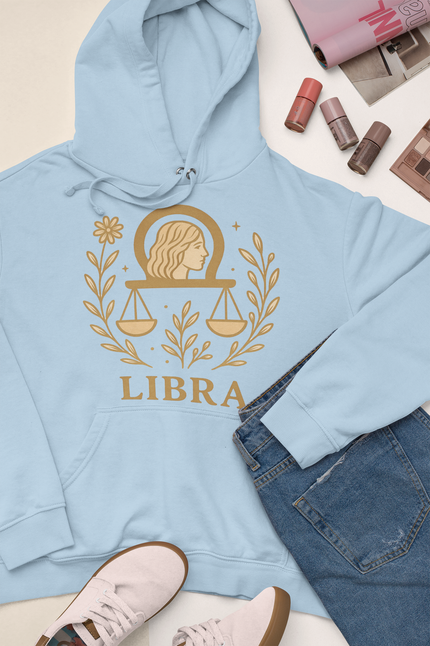 Libra Zodiac Hoodie – Soft Pink Boho Astrology Sweatshirt | Gildan 18500 | Soft Gold Libra Graphic, Celestial Birthday Gift