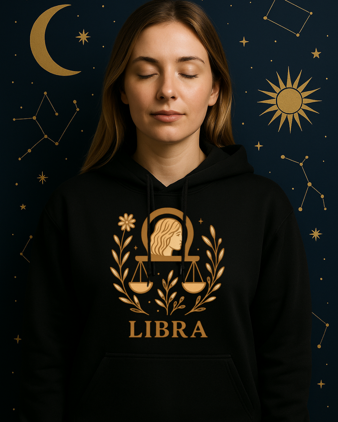 Libra Zodiac Hoodie – Soft Pink Boho Astrology Sweatshirt | Gildan 18500 | Soft Gold Libra Graphic, Celestial Birthday Gift