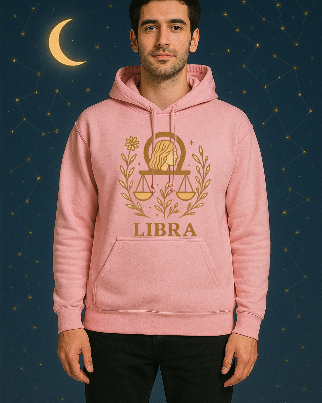 Libra Zodiac Hoodie – Soft Pink Boho Astrology Sweatshirt | Gildan 18500 | Soft Gold Libra Graphic, Celestial Birthday Gift