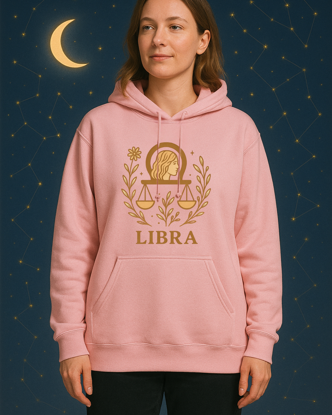 Libra Zodiac Hoodie – Soft Pink Boho Astrology Sweatshirt | Gildan 18500 | Soft Gold Libra Graphic, Celestial Birthday Gift