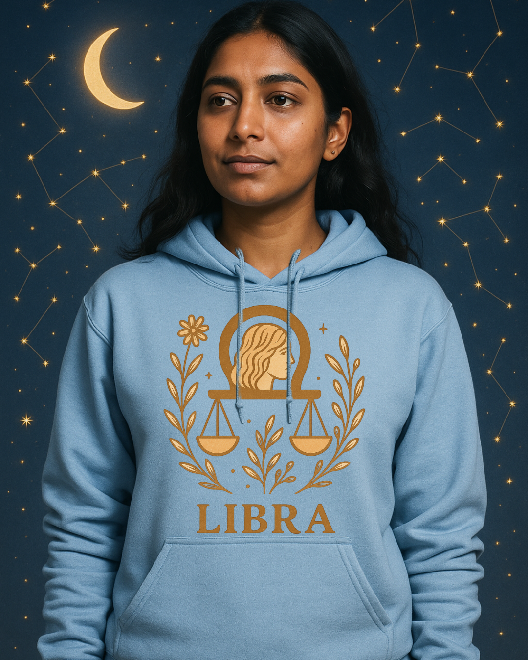 Libra Zodiac Hoodie – Soft Pink Boho Astrology Sweatshirt | Gildan 18500 | Soft Gold Libra Graphic, Celestial Birthday Gift