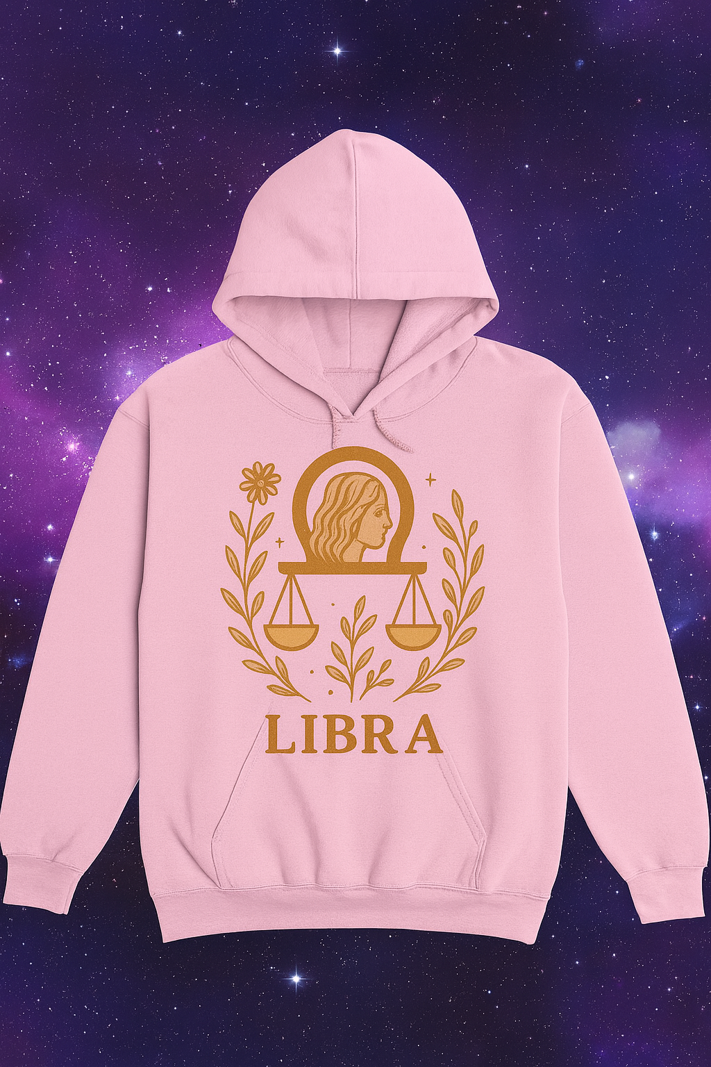 Libra Zodiac Hoodie – Soft Pink Boho Astrology Sweatshirt | Gildan 18500 | Soft Gold Libra Graphic, Celestial Birthday Gift