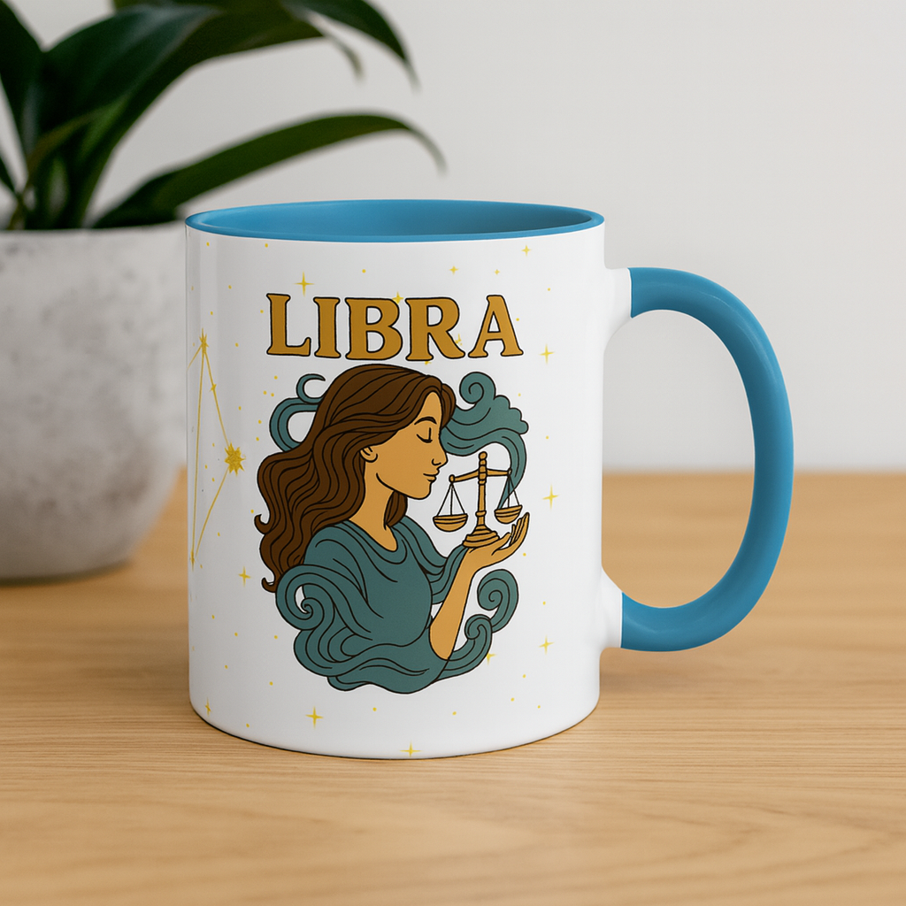 Libra Zodiac 15oz Ceramic Mug – Teal Handle Astrology Coffee Cup for Air Signs