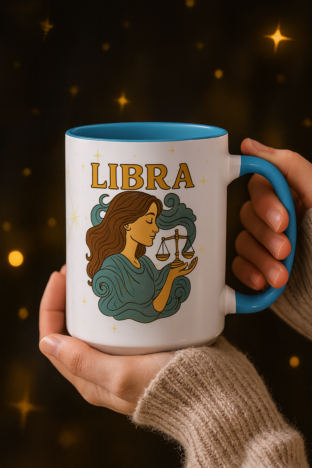 Libra Zodiac 15oz Ceramic Mug – Teal Handle Astrology Coffee Cup for Air Signs