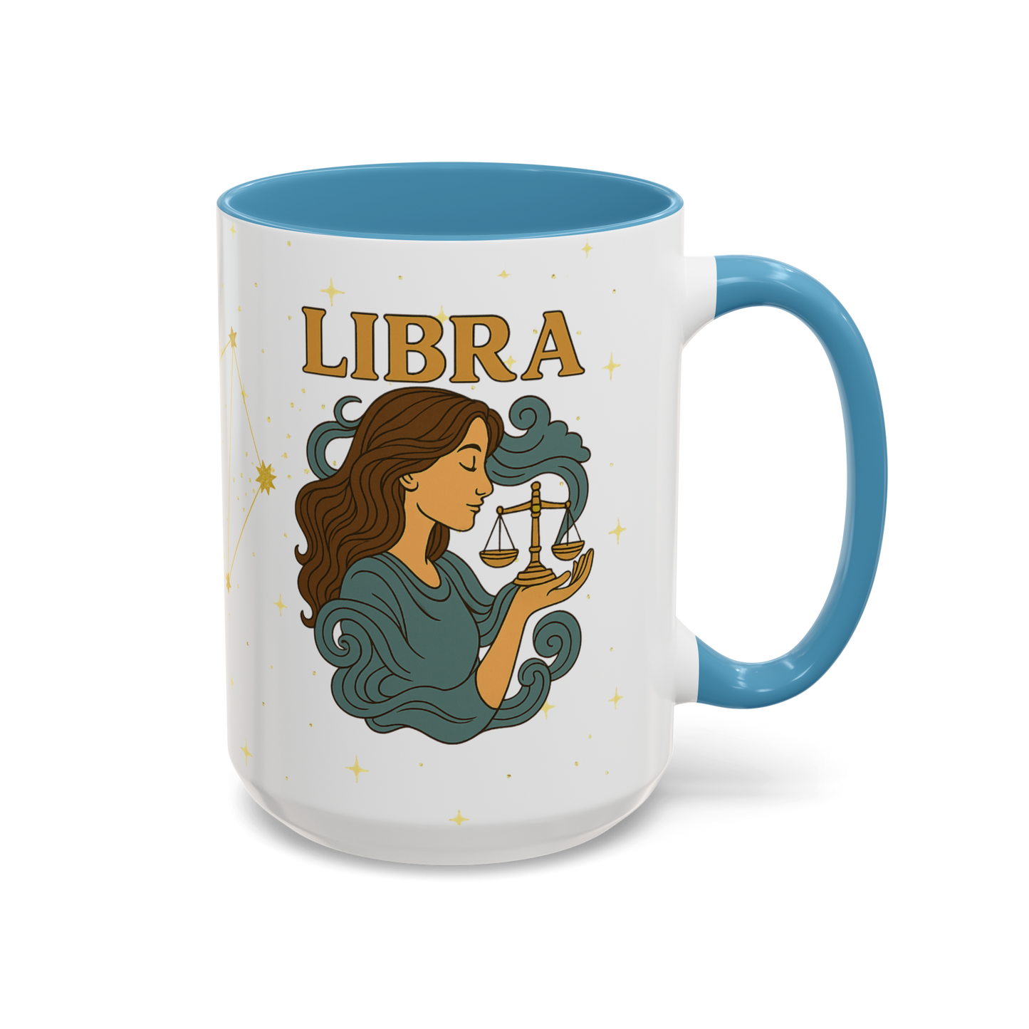 Libra Zodiac 15oz Ceramic Mug – Teal Handle Astrology Coffee Cup for Air Signs