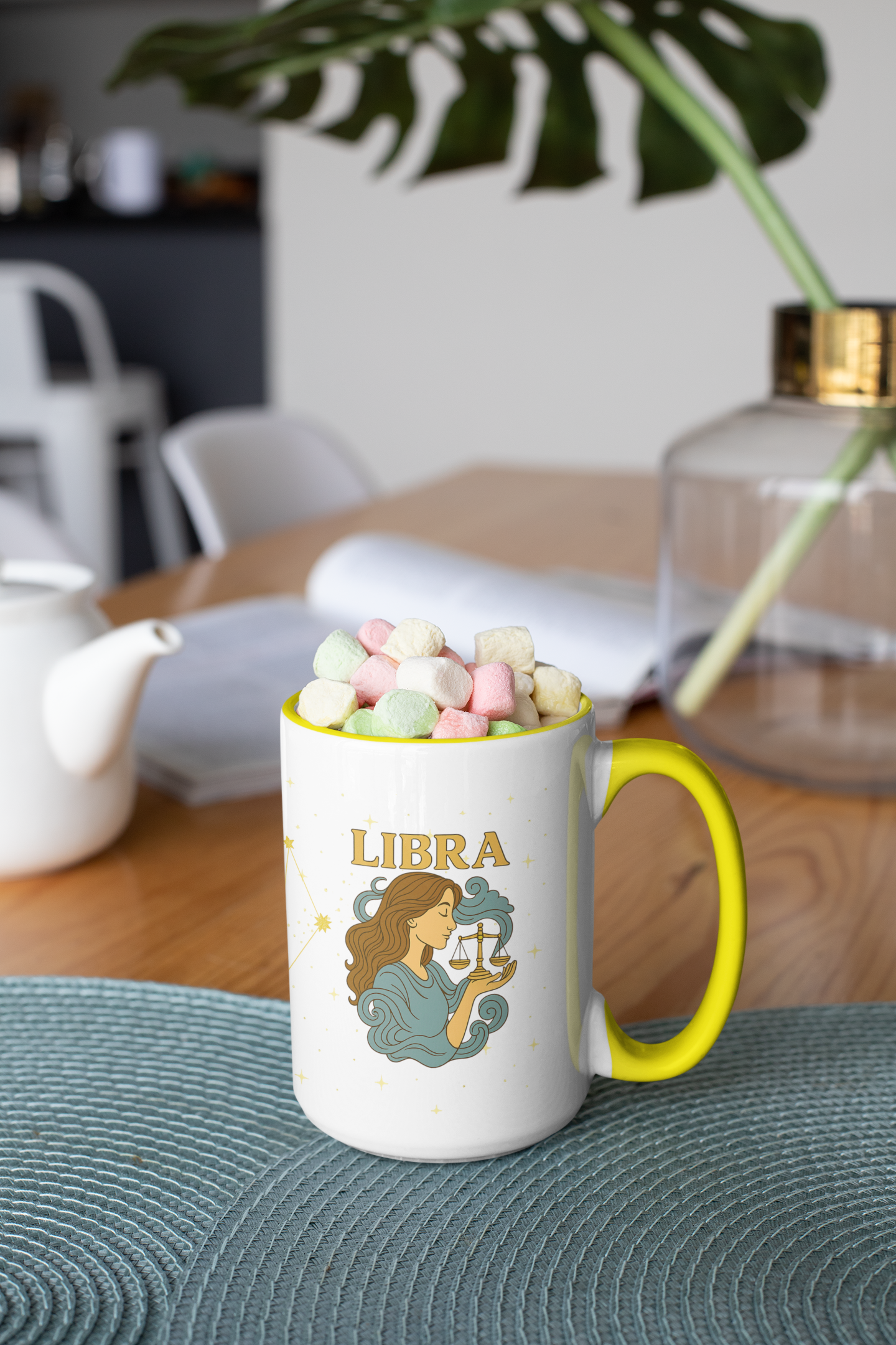 Libra Zodiac 15oz Ceramic Mug – Teal Handle Astrology Coffee Cup for Air Signs