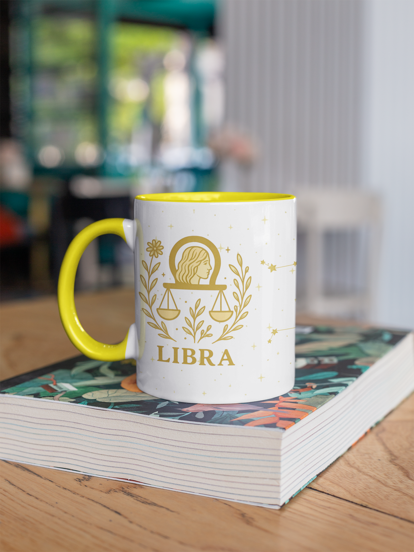 Libra Zodiac 15oz Ceramic Mug – Teal Handle Astrology Coffee Cup for Air Signs