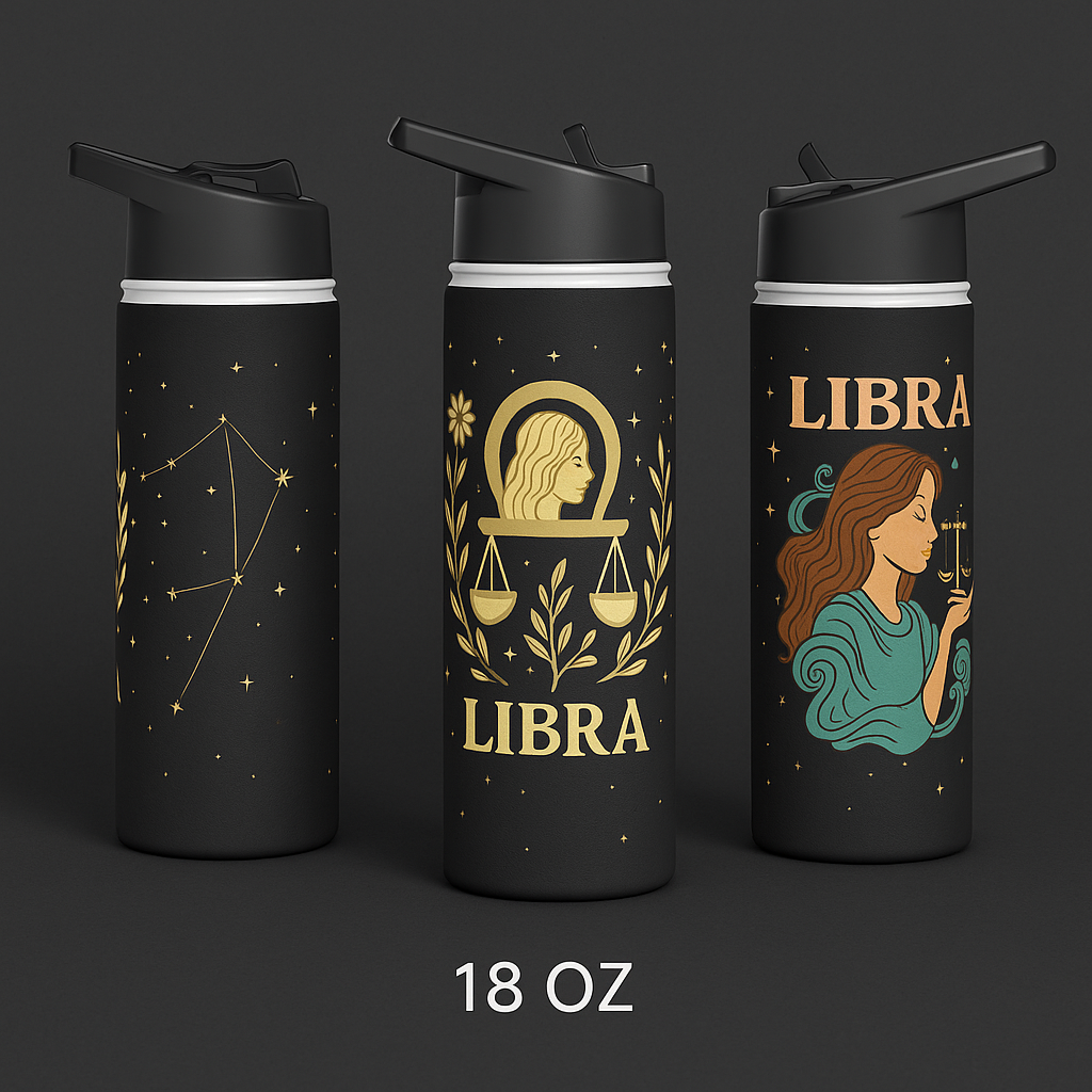 Libra Zodiac 32oz Insulated Water Bottle – Black & Gold Astrology Tumbler with Straw Lid