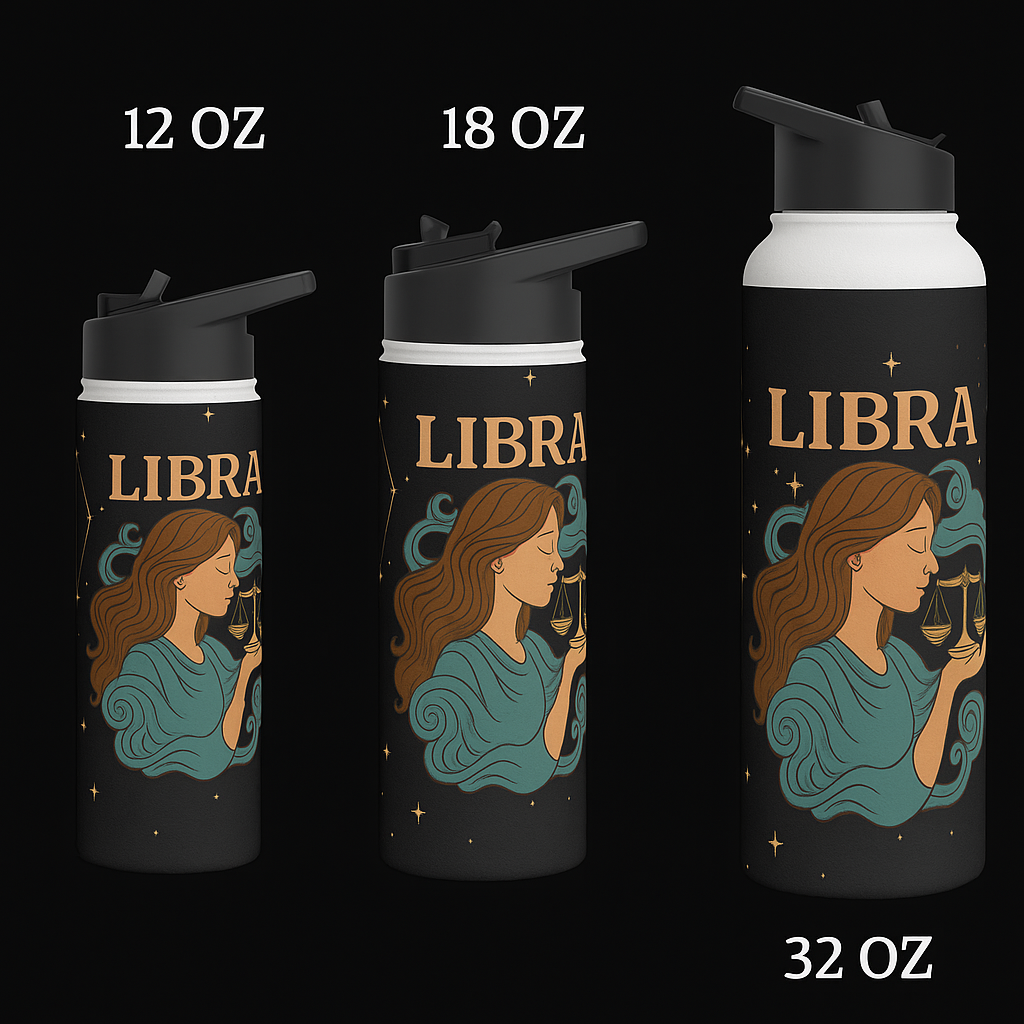 Libra Zodiac 32oz Insulated Water Bottle – Black & Gold Astrology Tumbler with Straw Lid