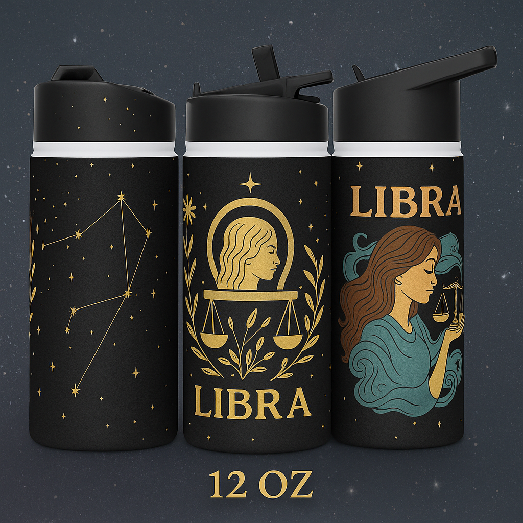 Libra Zodiac 32oz Insulated Water Bottle – Black & Gold Astrology Tumbler with Straw Lid