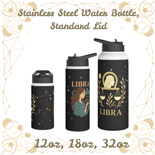 Libra Zodiac 32oz Insulated Water Bottle – Black & Gold Astrology Tumbler with Straw Lid