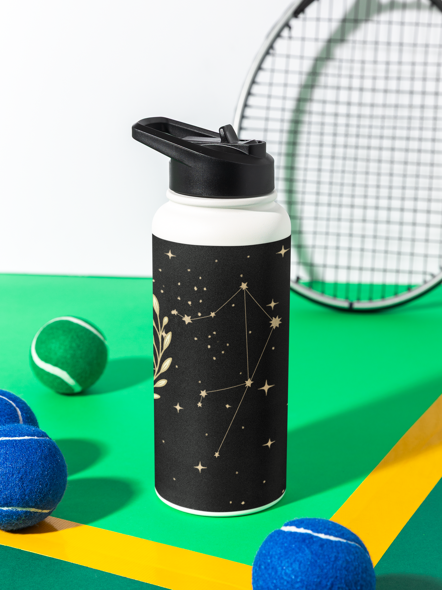 Libra Zodiac 32oz Insulated Water Bottle – Black & Gold Astrology Tumbler with Straw Lid