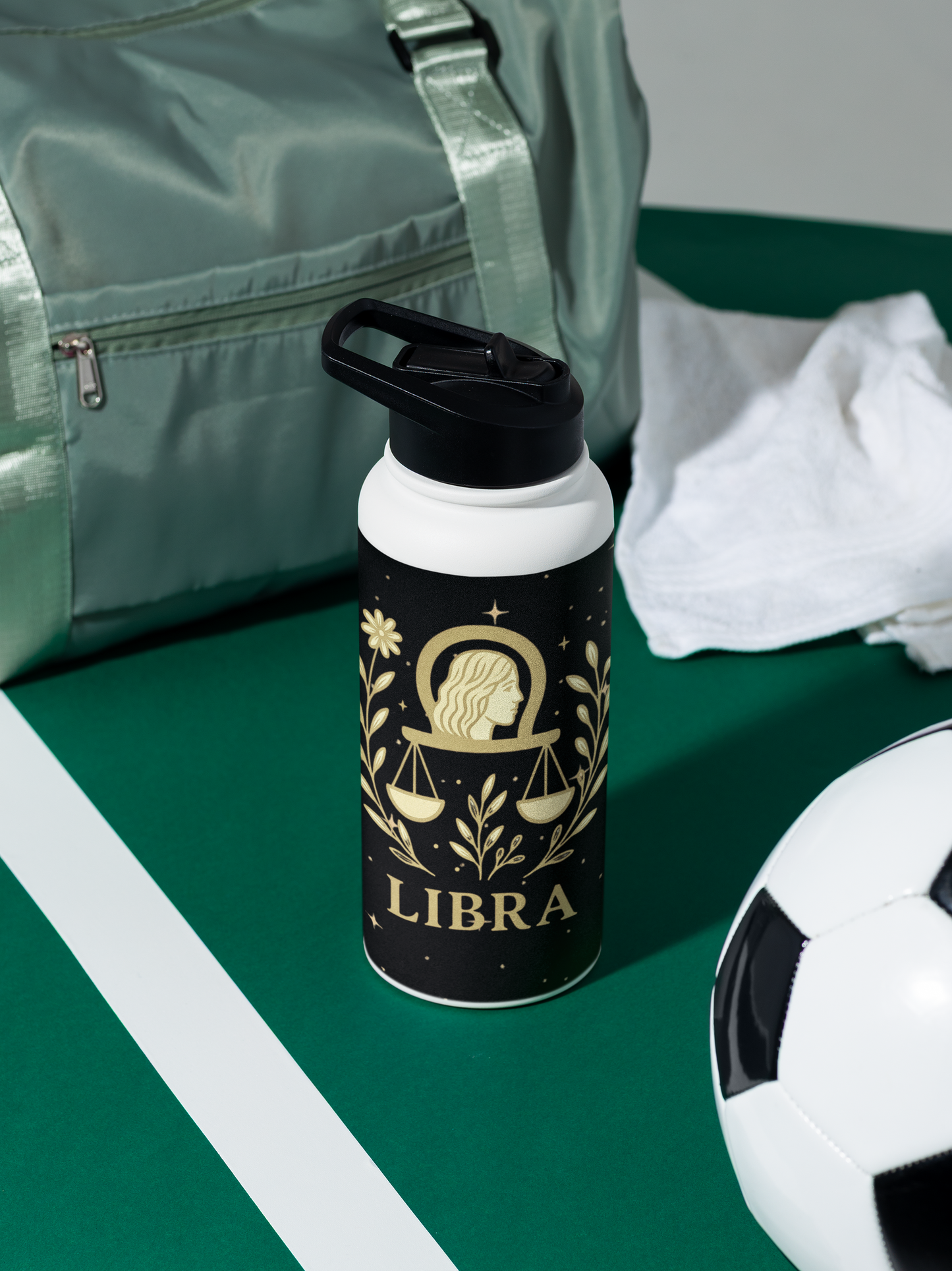 Libra Zodiac 32oz Insulated Water Bottle – Black & Gold Astrology Tumbler with Straw Lid