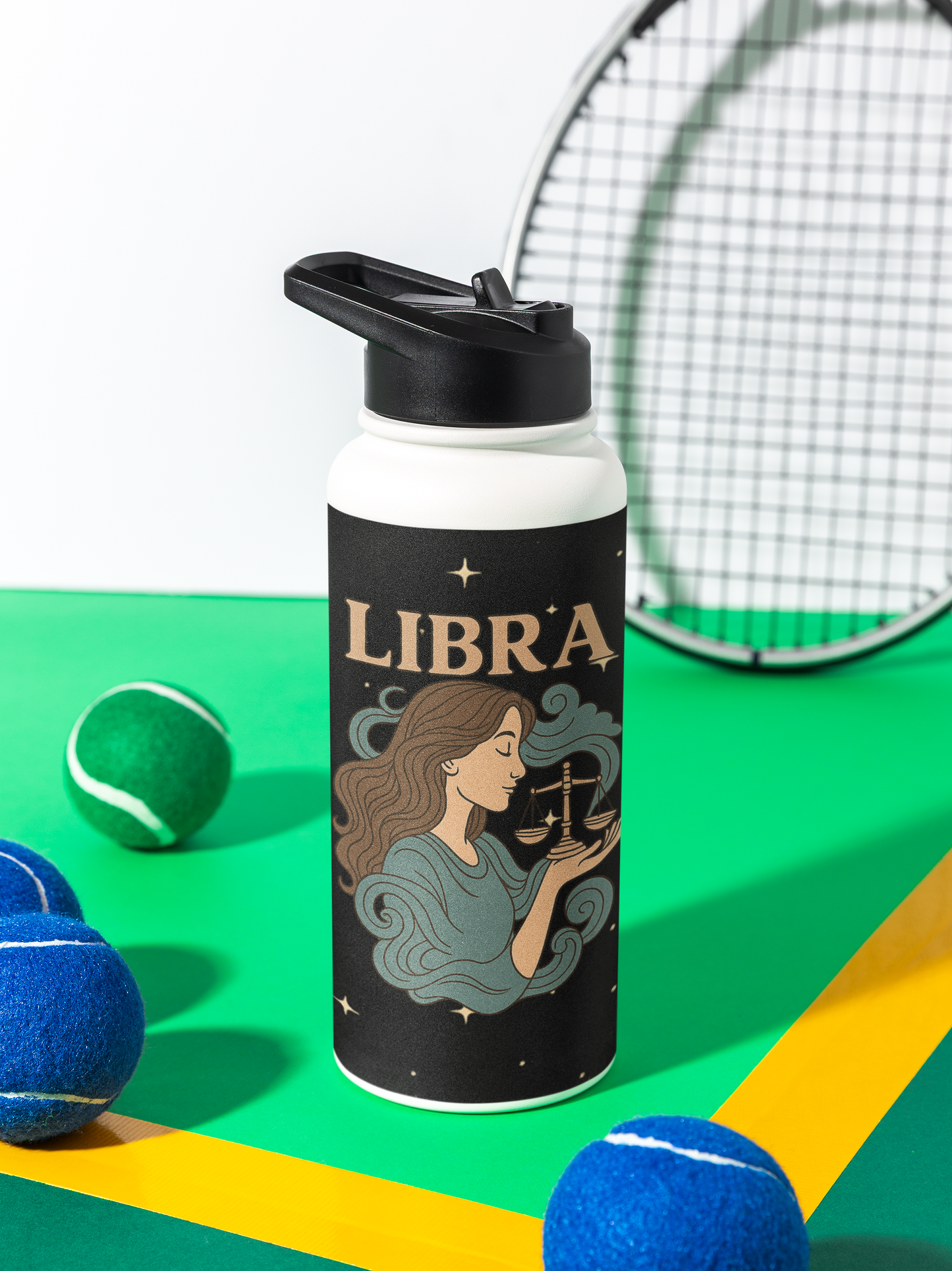 Libra Zodiac 32oz Insulated Water Bottle – Black & Gold Astrology Tumbler with Straw Lid