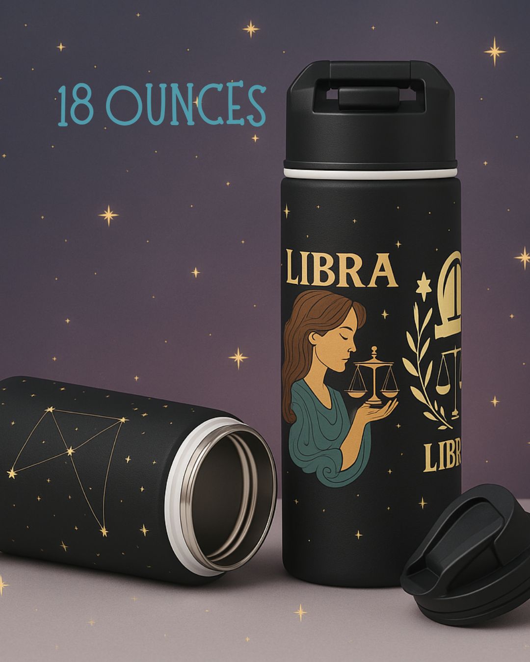Libra Zodiac 32oz Insulated Water Bottle – Black & Gold Astrology Tumbler with Straw Lid