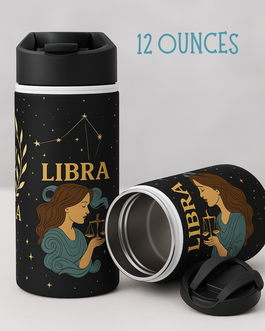 Libra Zodiac 32oz Insulated Water Bottle – Black & Gold Astrology Tumbler with Straw Lid