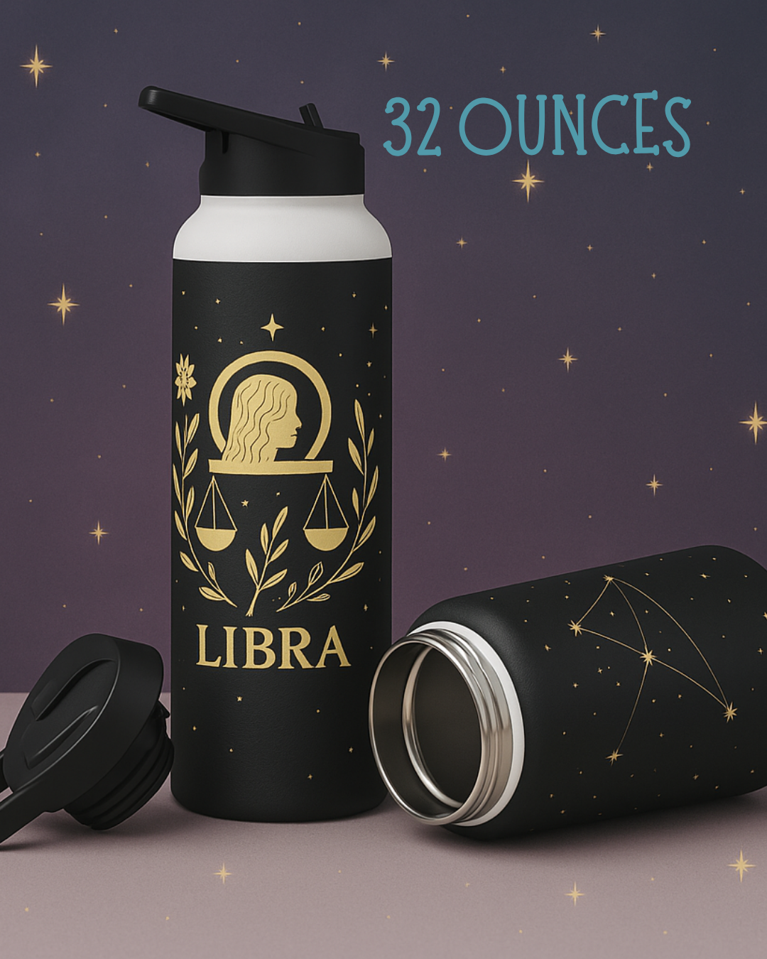 Libra Zodiac 32oz Insulated Water Bottle – Black & Gold Astrology Tumbler with Straw Lid