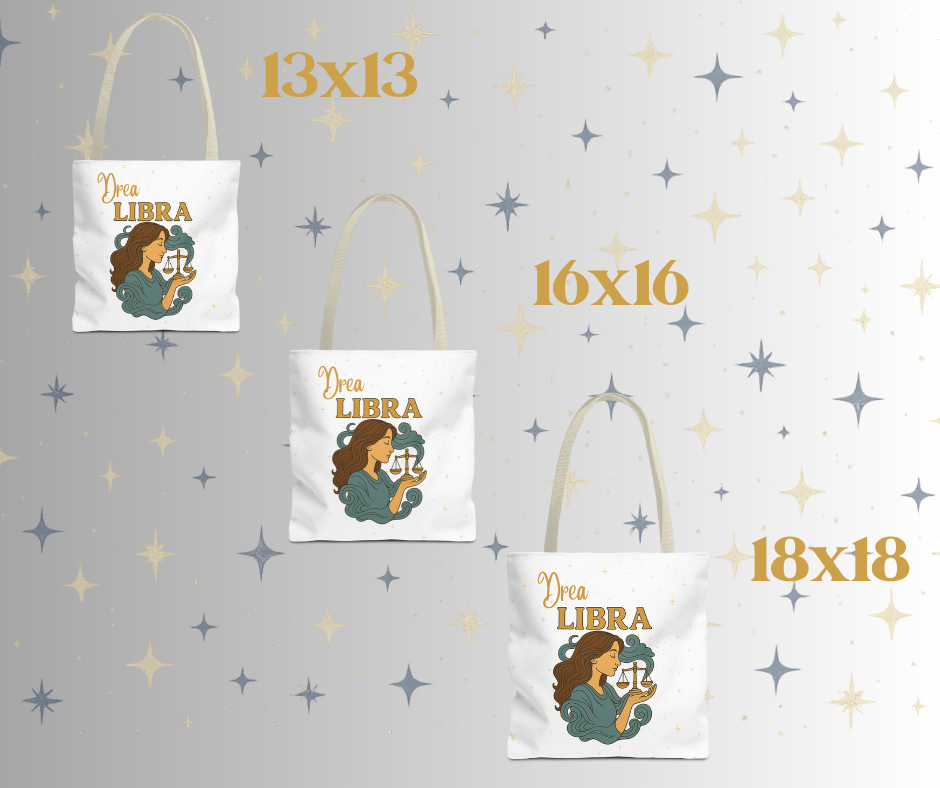 Personalized Libra Zodiac Tote Bag – Custom Name, 3 Sizes (13x13, 16x16, 18x18) – Boho Celestial Reusable Bag
