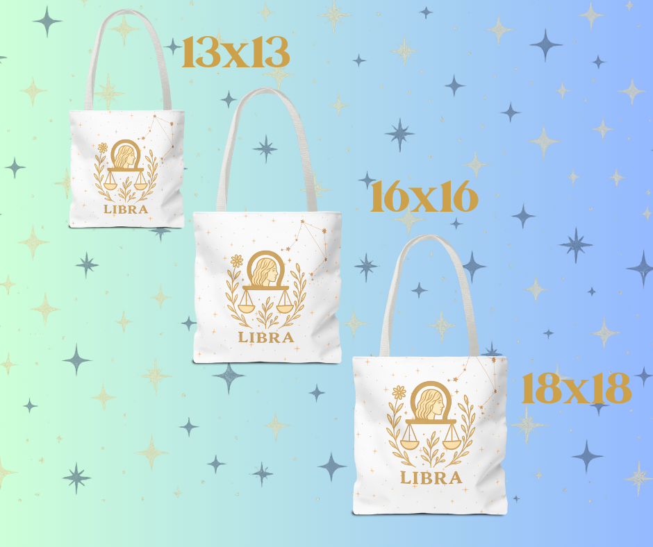 Personalized Libra Zodiac Tote Bag – Custom Name, 3 Sizes (13x13, 16x16, 18x18) – Boho Celestial Reusable Bag