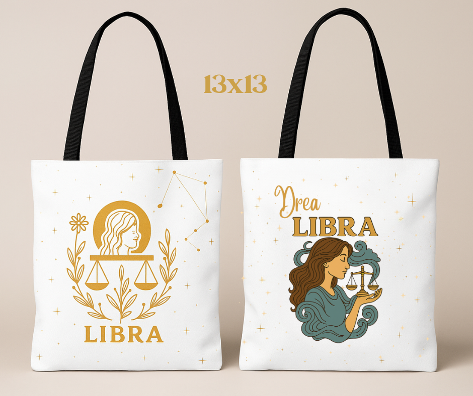 Personalized Libra Zodiac Tote Bag – Custom Name, 3 Sizes (13x13, 16x16, 18x18) – Boho Celestial Reusable Bag