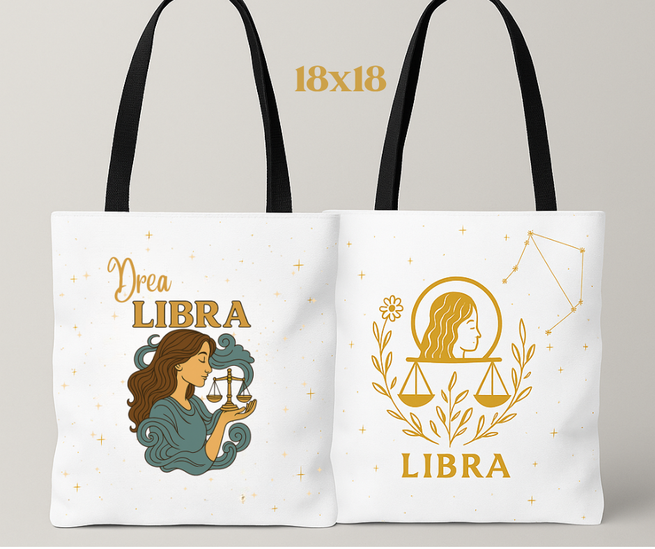 Personalized Libra Zodiac Tote Bag – Custom Name, 3 Sizes (13x13, 16x16, 18x18) – Boho Celestial Reusable Bag