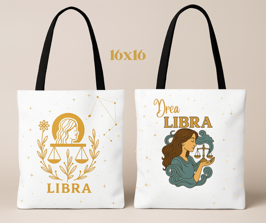 Personalized Libra Zodiac Tote Bag – Custom Name, 3 Sizes (13x13, 16x16, 18x18) – Boho Celestial Reusable Bag
