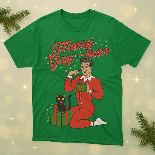 Merry Gay-mas Retro Christmas T-Shirt | Gildan 64000 Unisex Tee
