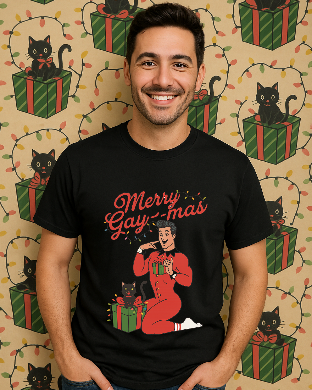 Merry Gay-mas Retro Christmas T-Shirt | Gildan 64000 Unisex Tee
