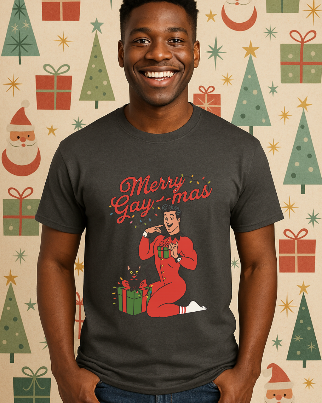 Merry Gay-mas Retro Christmas T-Shirt | Gildan 64000 Unisex Tee