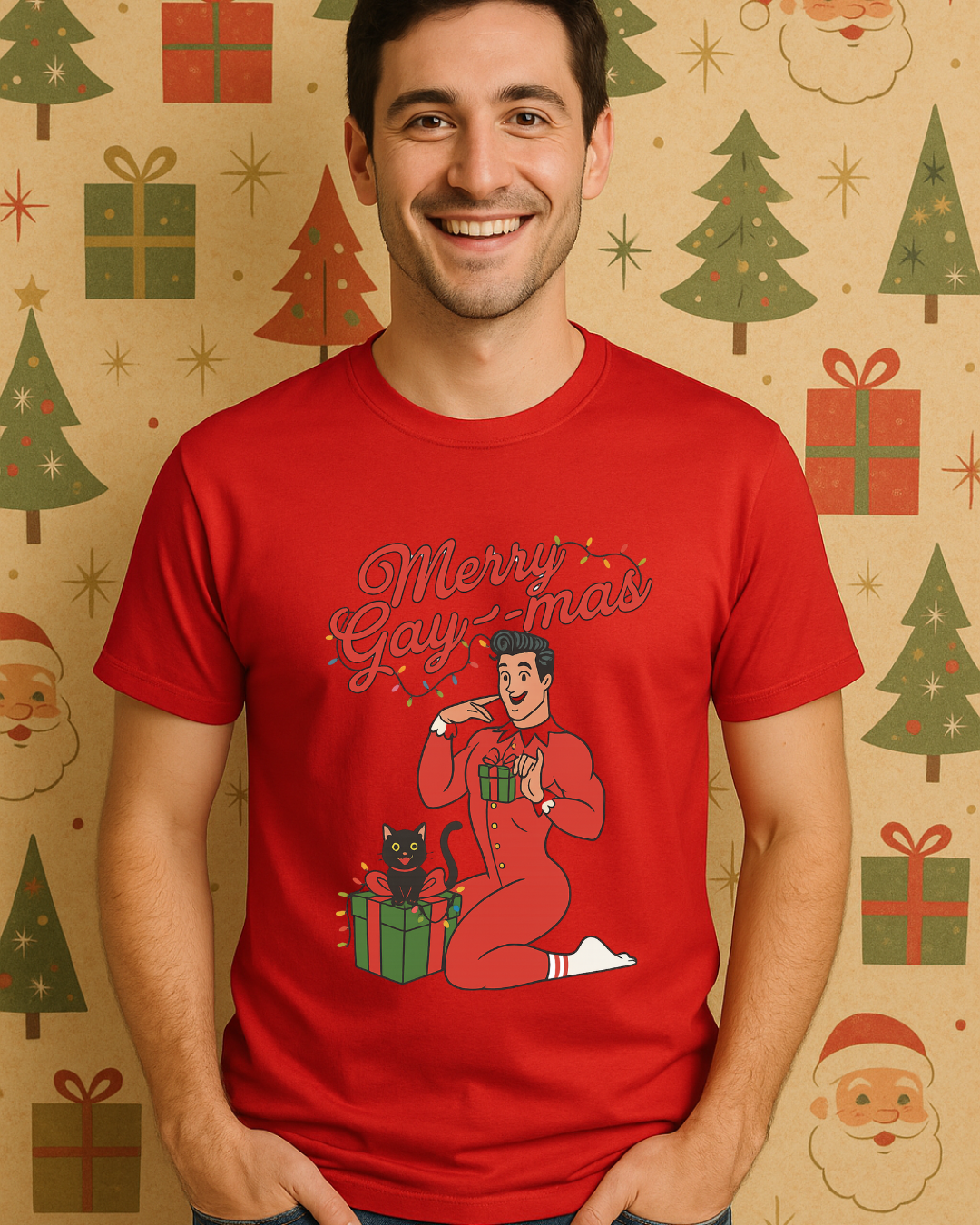 Merry Gay-mas Retro Christmas T-Shirt | Gildan 64000 Unisex Tee