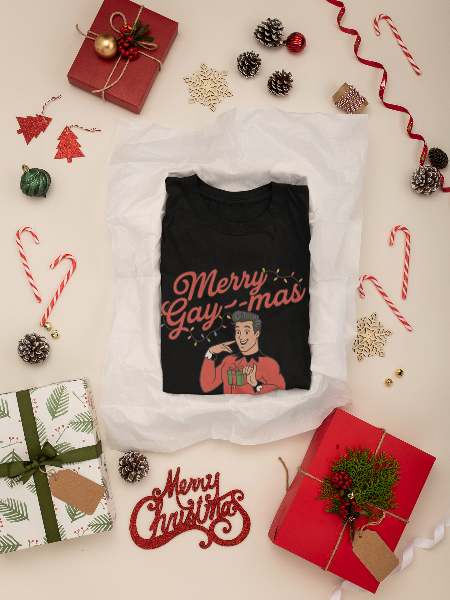 Merry Gay-mas Retro Christmas T-Shirt | Gildan 64000 Unisex Tee