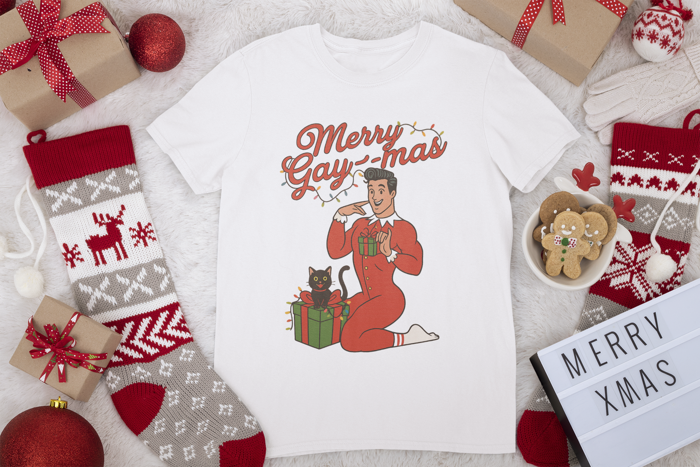 Merry Gay-mas Retro Christmas T-Shirt | Gildan 64000 Unisex Tee
