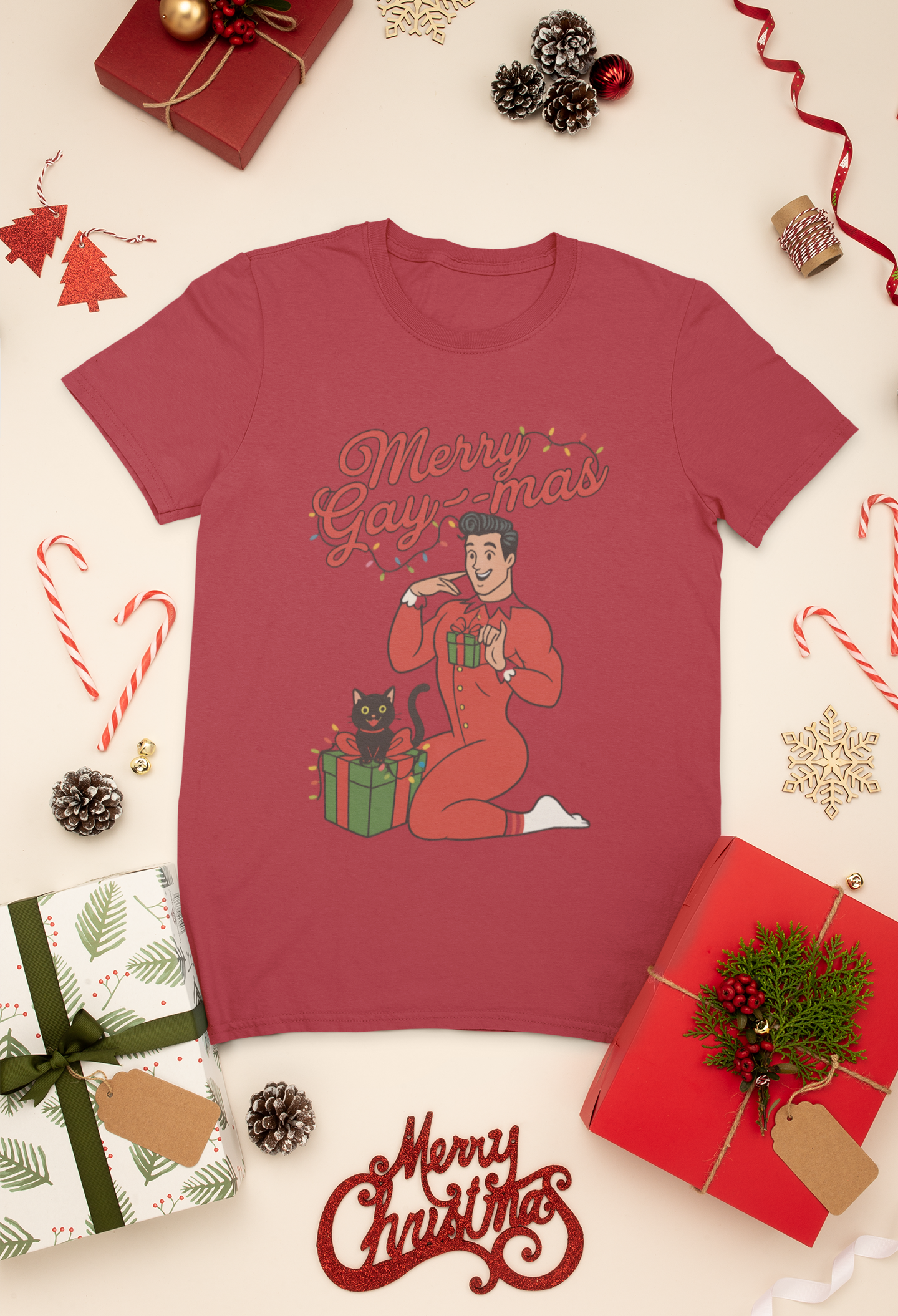 Merry Gay-mas Retro Christmas T-Shirt | Gildan 64000 Unisex Tee