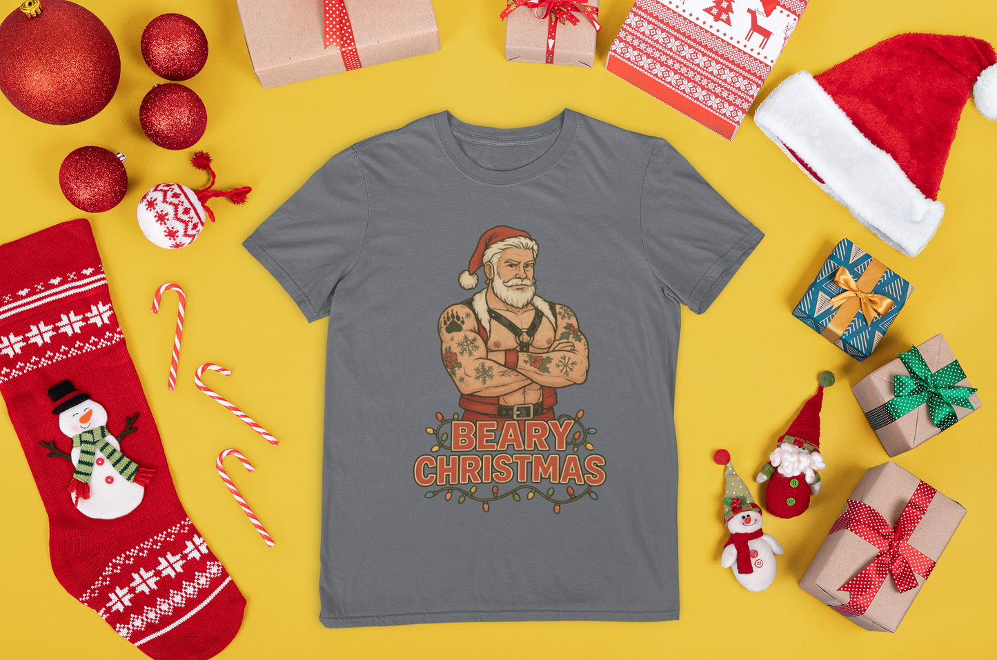Beary Christmas Muscular Santa T-Shirt | Gildan 64000 Unisex Tee