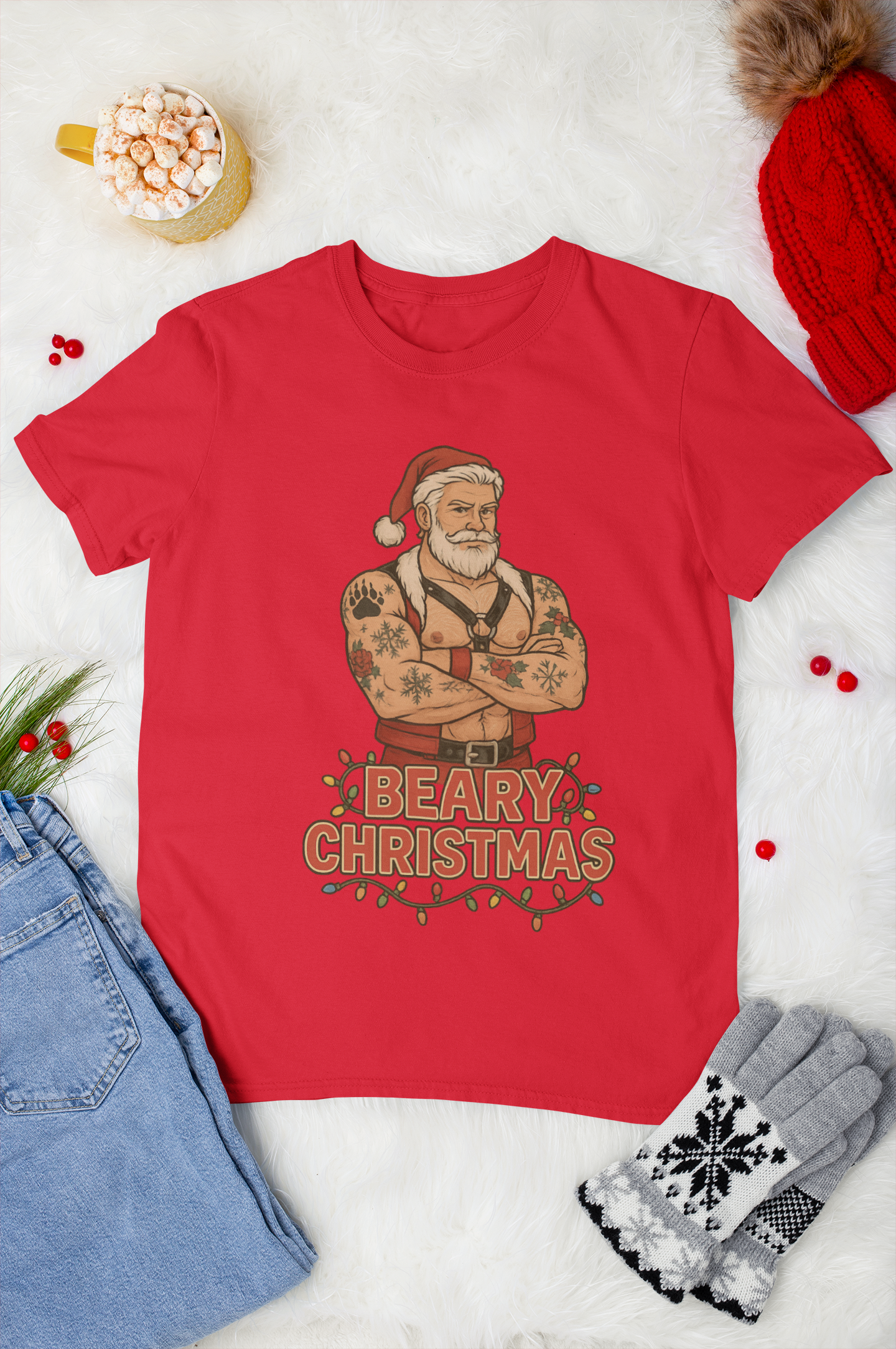 Beary Christmas Muscular Santa T-Shirt | Gildan 64000 Unisex Tee