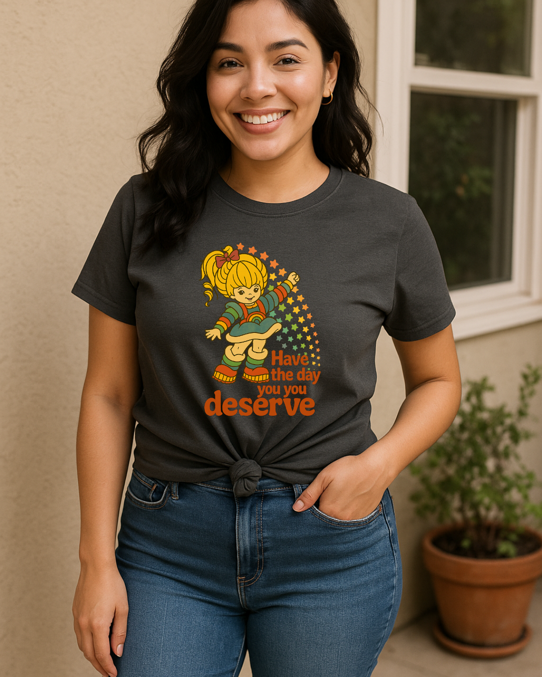 Have The Day You Deserve Retro Rainbow Girl Tee – 80s Nostalgia Graphic on Gildan 64000