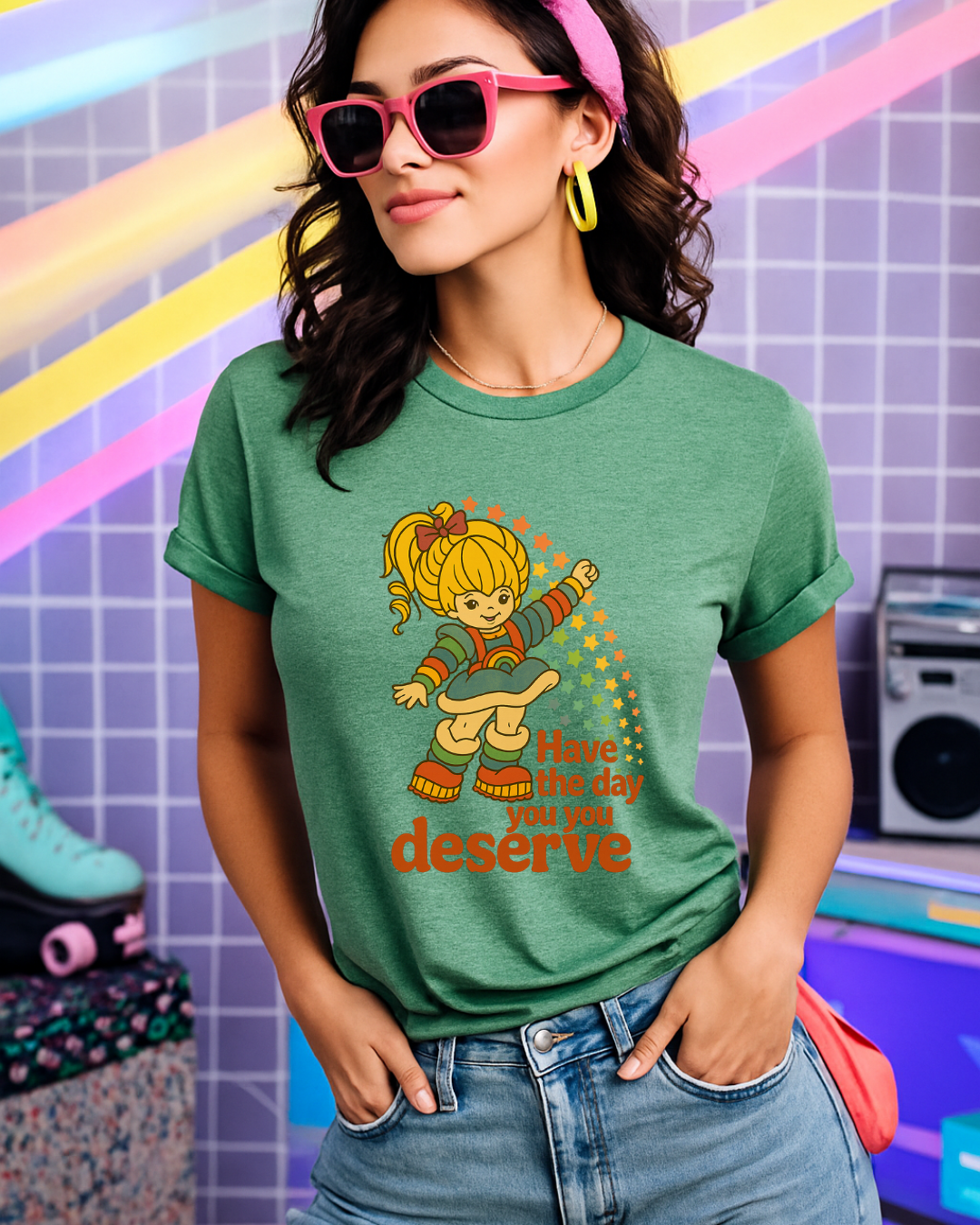 Have The Day You Deserve Retro Rainbow Girl Tee – 80s Nostalgia Graphic on Gildan 64000