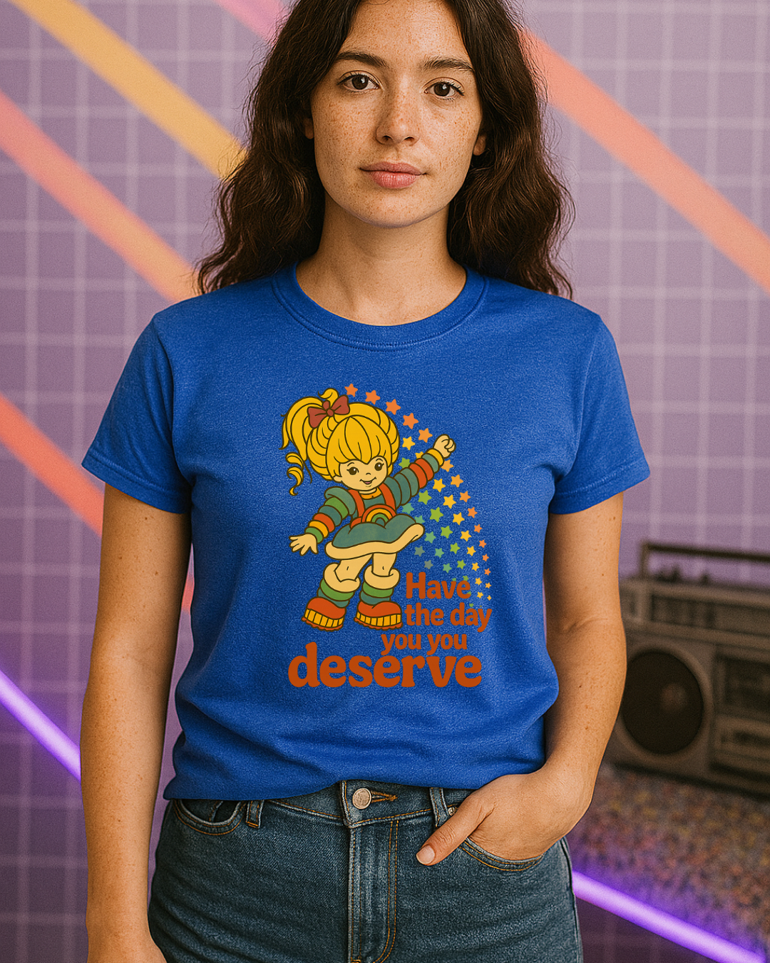 Have The Day You Deserve Retro Rainbow Girl Tee – 80s Nostalgia Graphic on Gildan 64000
