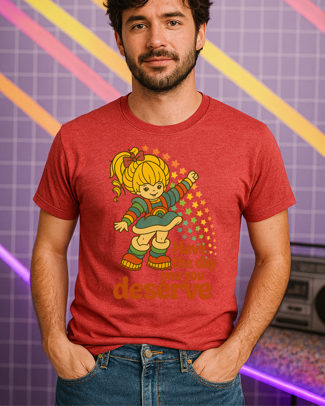 Have The Day You Deserve Retro Rainbow Girl Tee – 80s Nostalgia Graphic on Gildan 64000