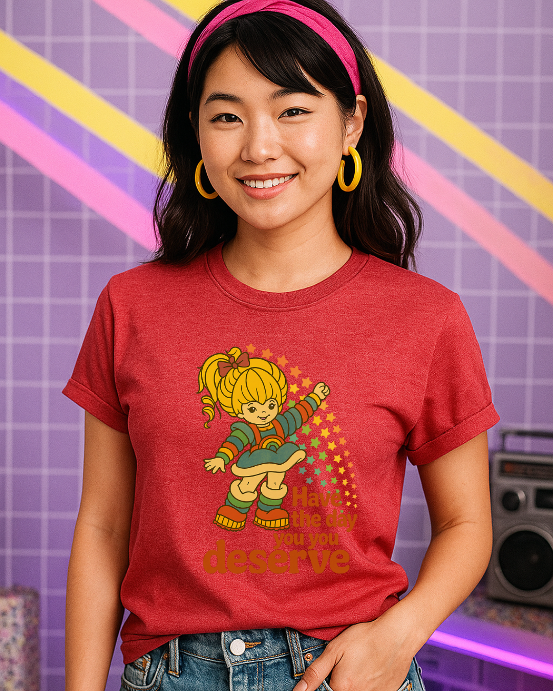 Have The Day You Deserve Retro Rainbow Girl Tee – 80s Nostalgia Graphic on Gildan 64000