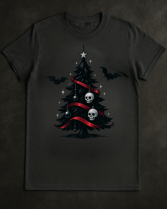 Gothic Christmas Tree Tee — Skull & Bats Holiday T-Shirt
