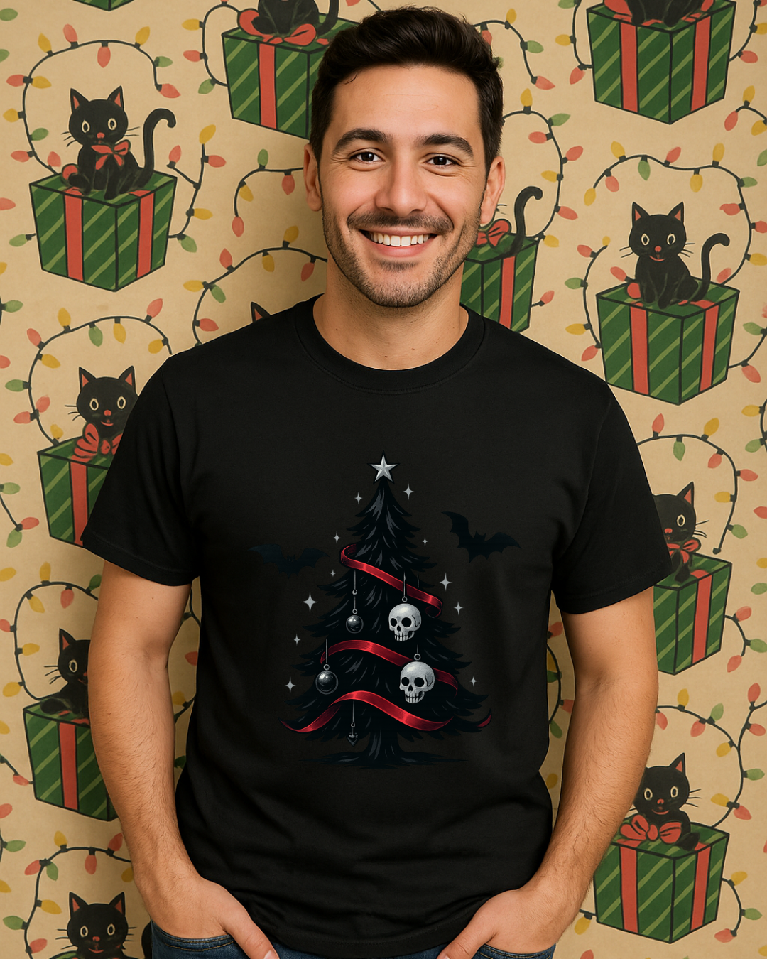 Gothic Christmas Tree Tee — Skull & Bats Holiday T-Shirt