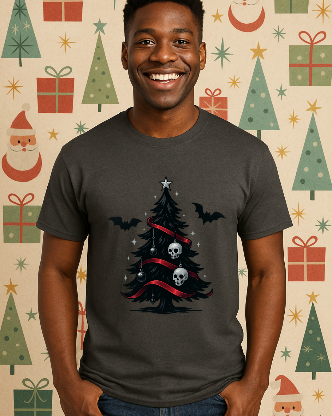 Gothic Christmas Tree Tee — Skull & Bats Holiday T-Shirt