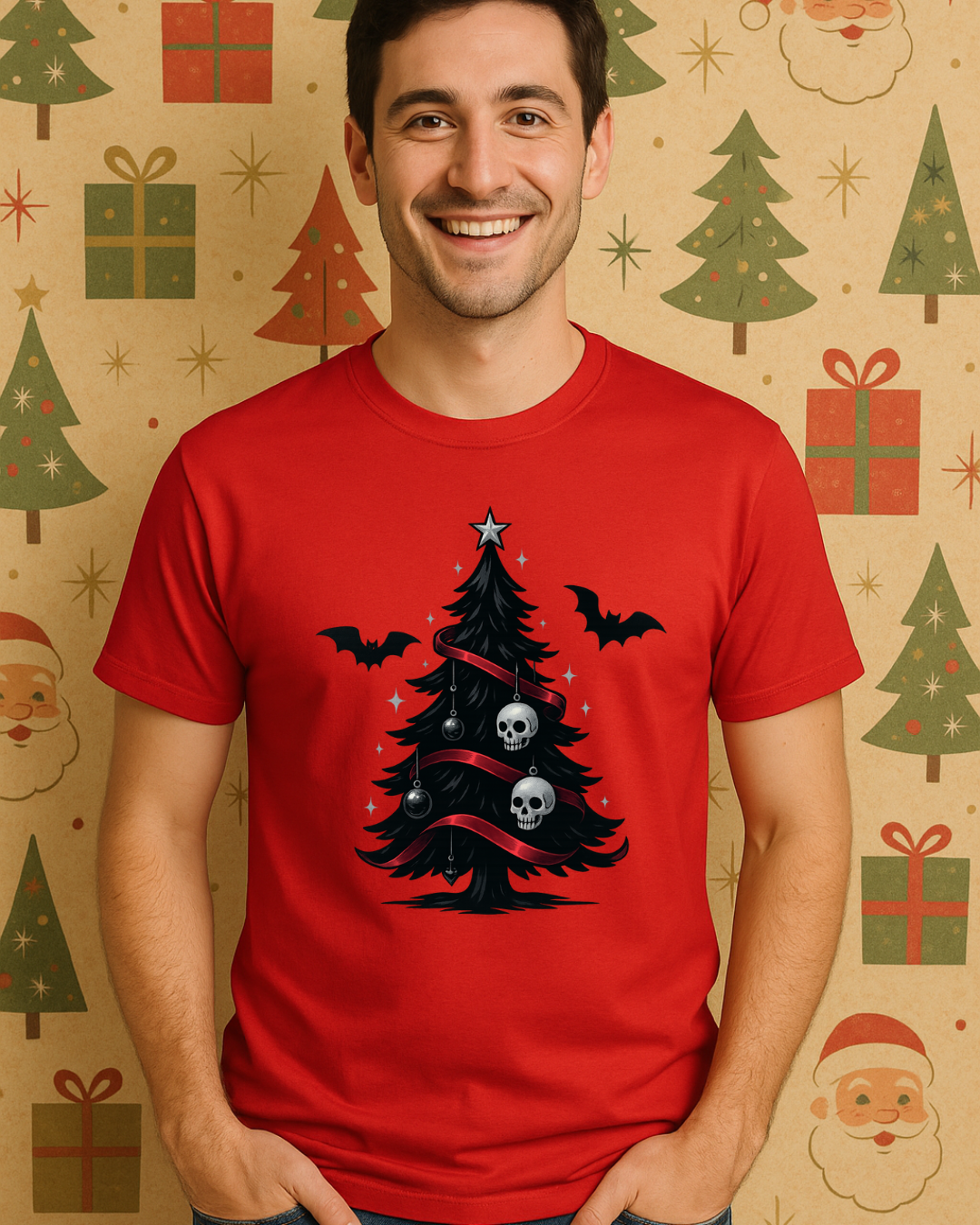 Gothic Christmas Tree Tee — Skull & Bats Holiday T-Shirt