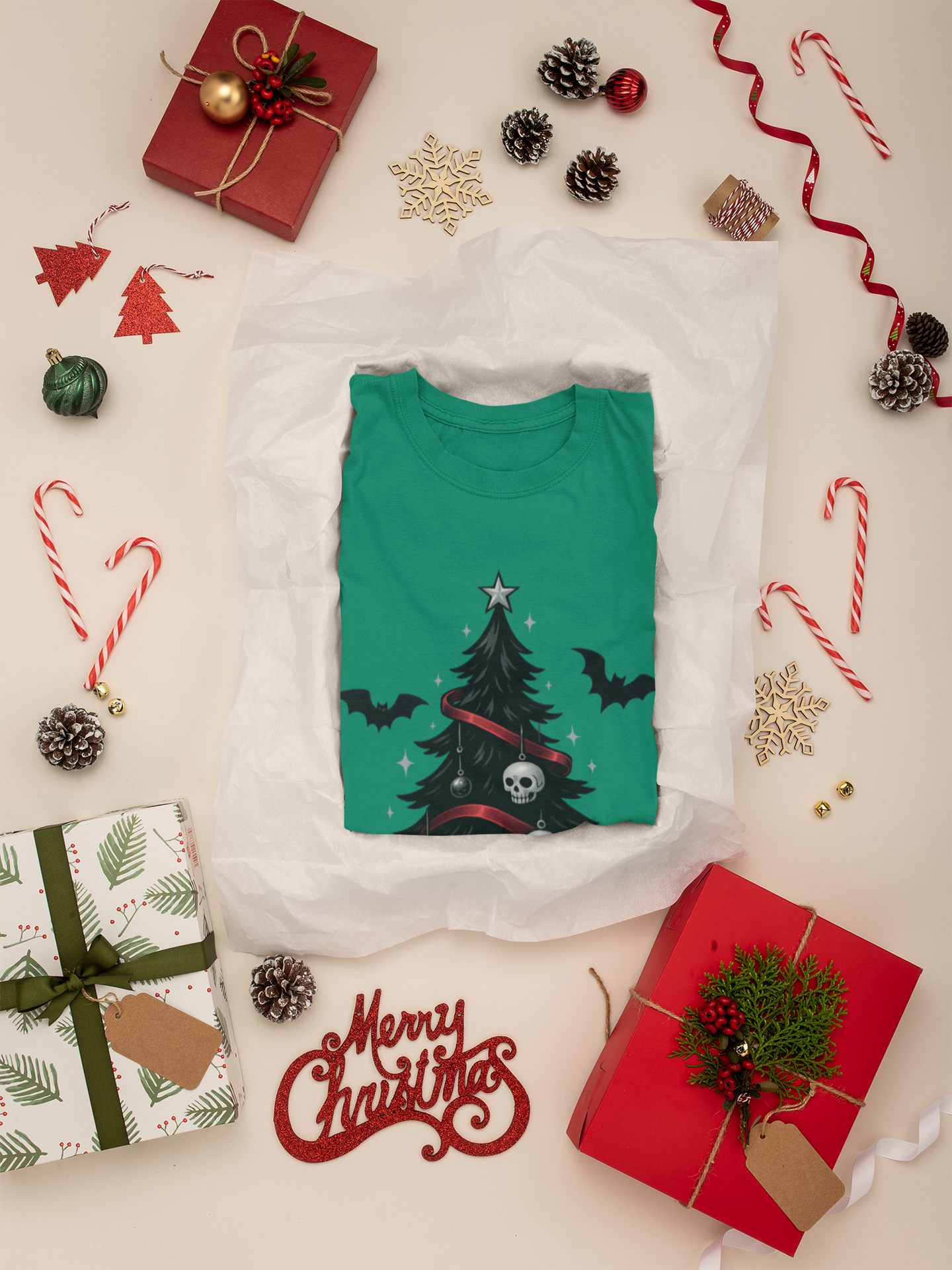 Gothic Christmas Tree Tee — Skull & Bats Holiday T-Shirt