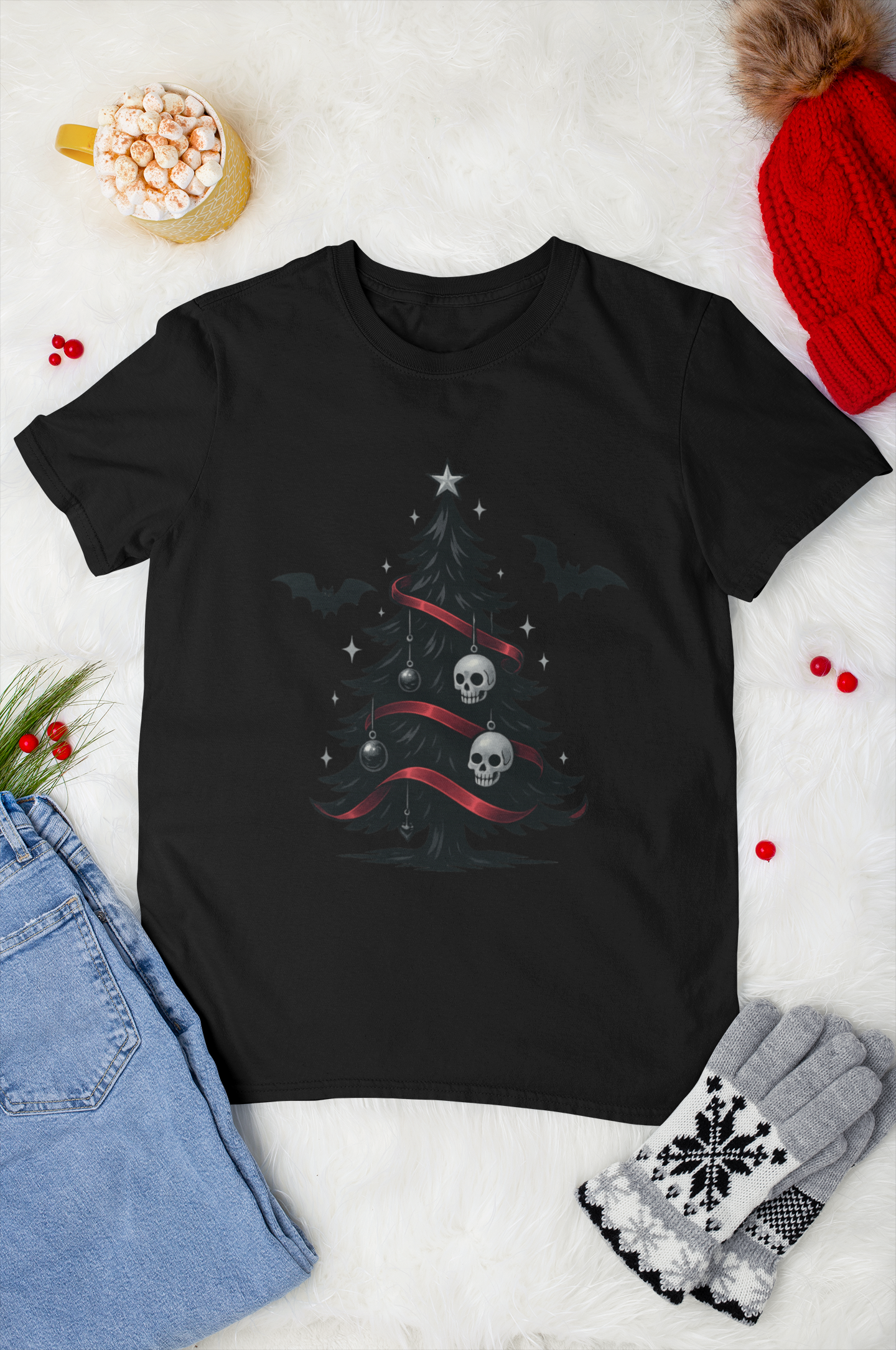 Gothic Christmas Tree Tee — Skull & Bats Holiday T-Shirt