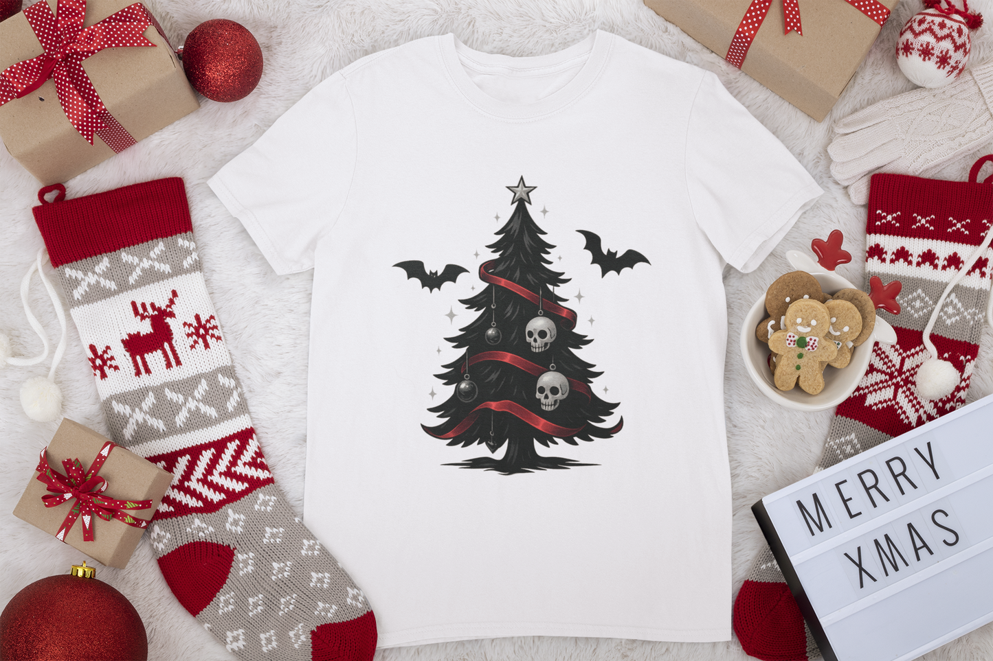 Gothic Christmas Tree Tee — Skull & Bats Holiday T-Shirt